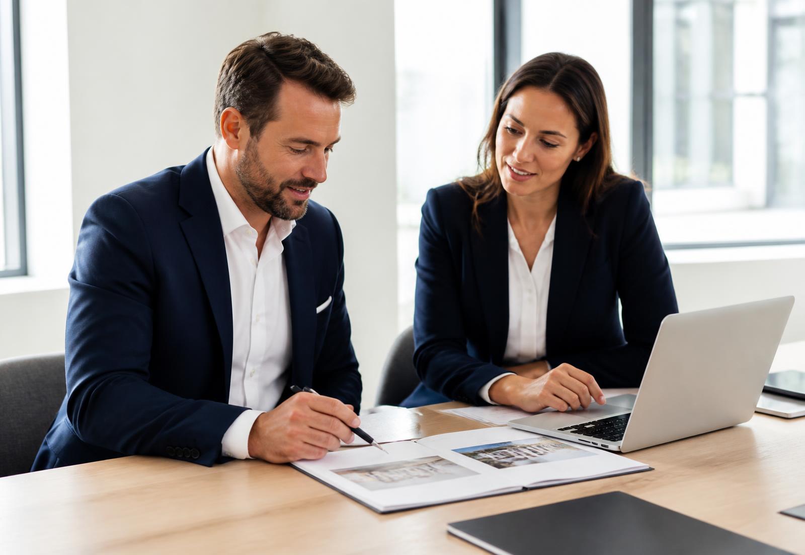 Two consultants reviewing property documents together in a bright office